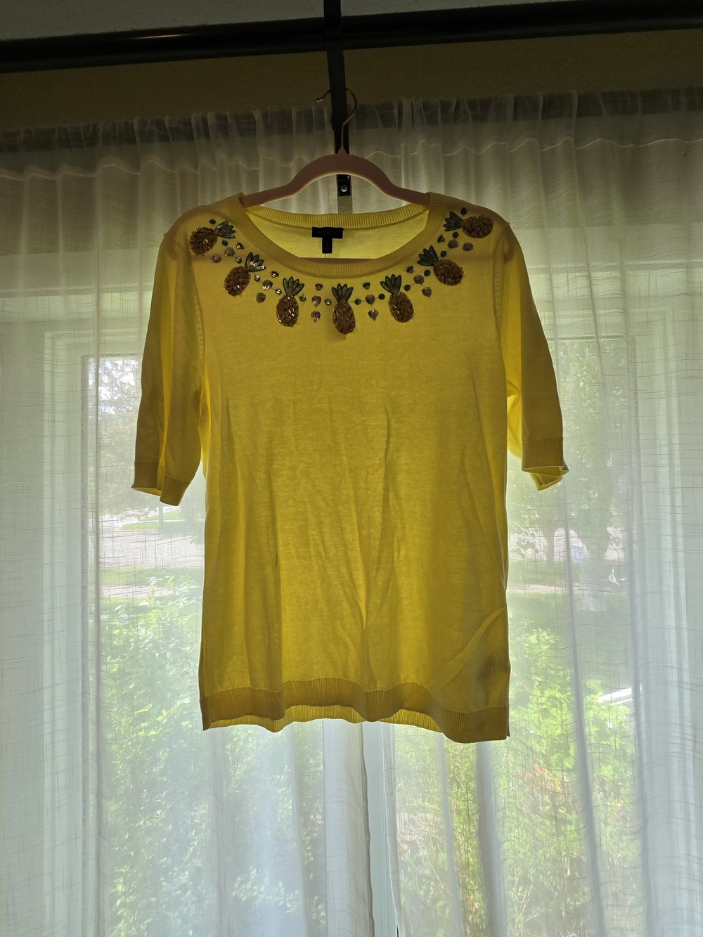 NWT Talbots Pineapple Sequin Sweater Yellow Short Sleeve Knit Top Medium $90